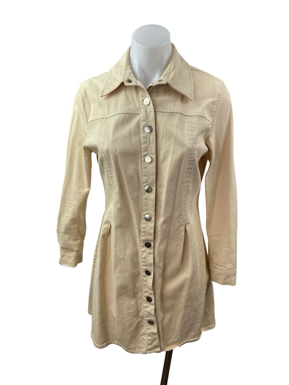 Zara Women's Beige Collared Long Sleeve Button Down Mini Flare Shirt Dress Sz M